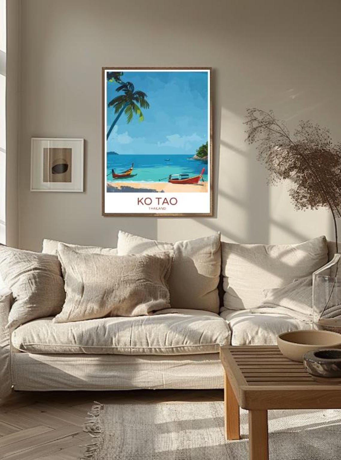Ko Tao Thailand Tropical Beach Longtail Boats Palm Tree Poster - Image 3