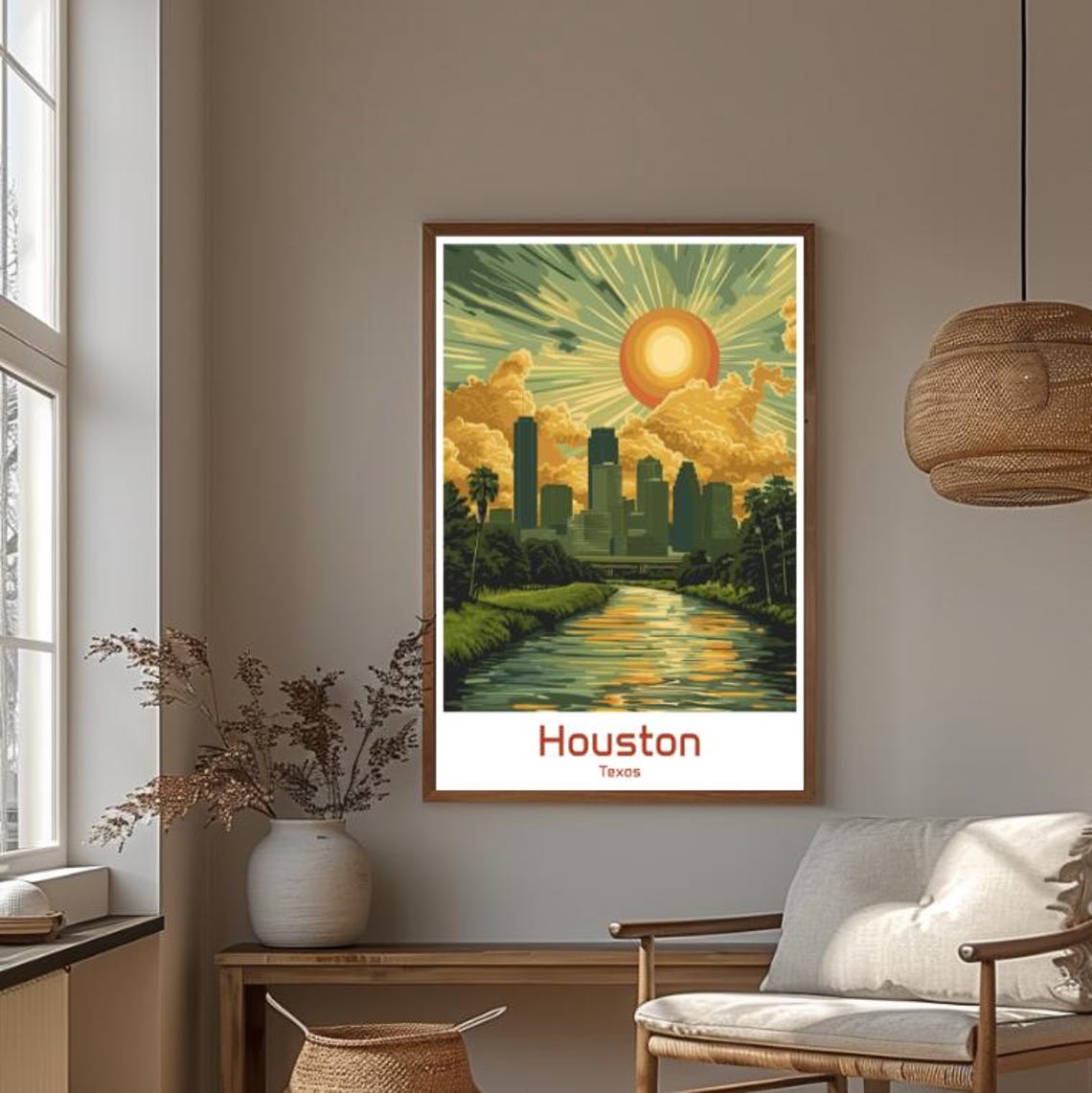 Glowing Houston Texas Skyline Sunset Bayou Reflection Poster - Image 4