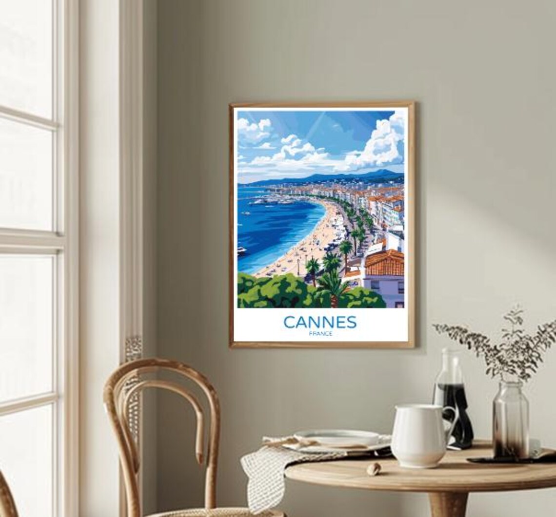 Cannes France Travel Poster Curved Beach Harbor And Palm Trees View - Image 2