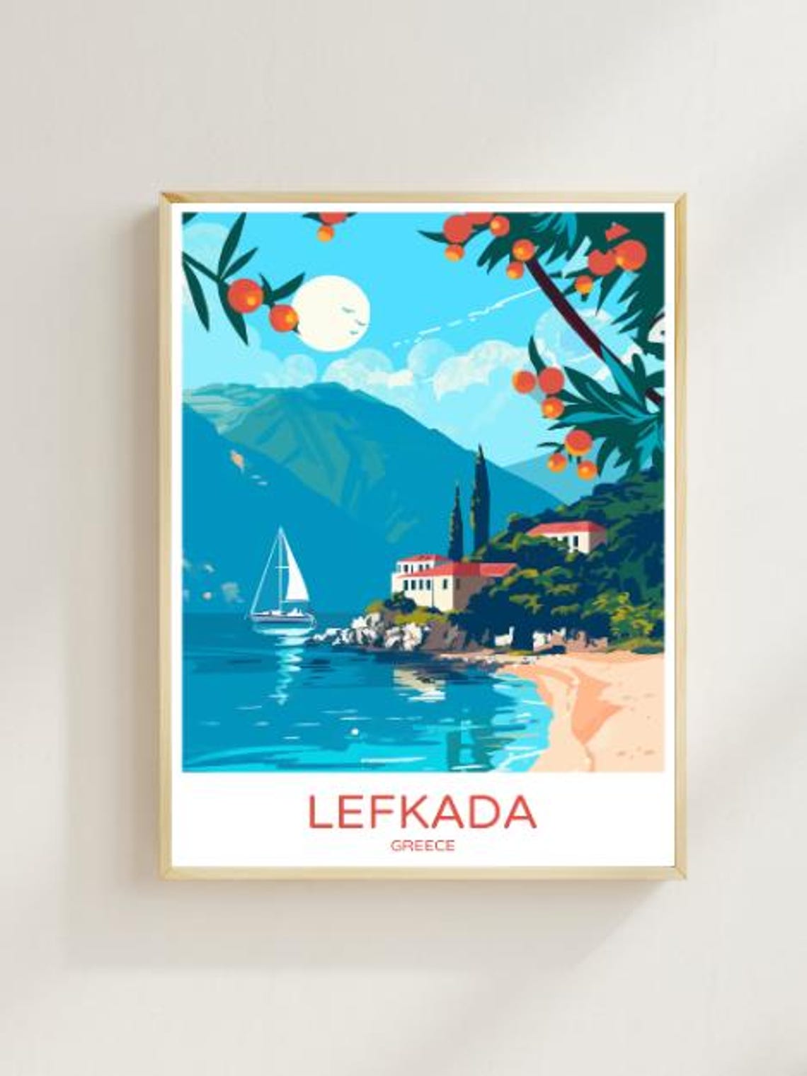 Lefkada Greece Turquoise Bay Sailboat and Villa Travel Poster