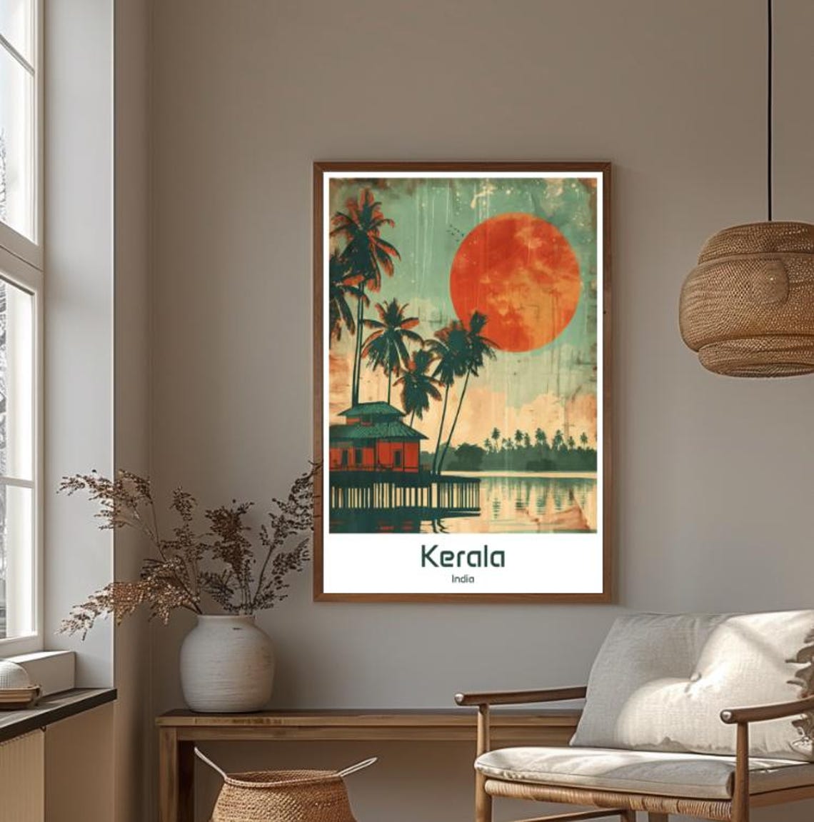 Kerala India Backwaters Palms Stilt House Big Sun Retro Travel Poster - Image 4