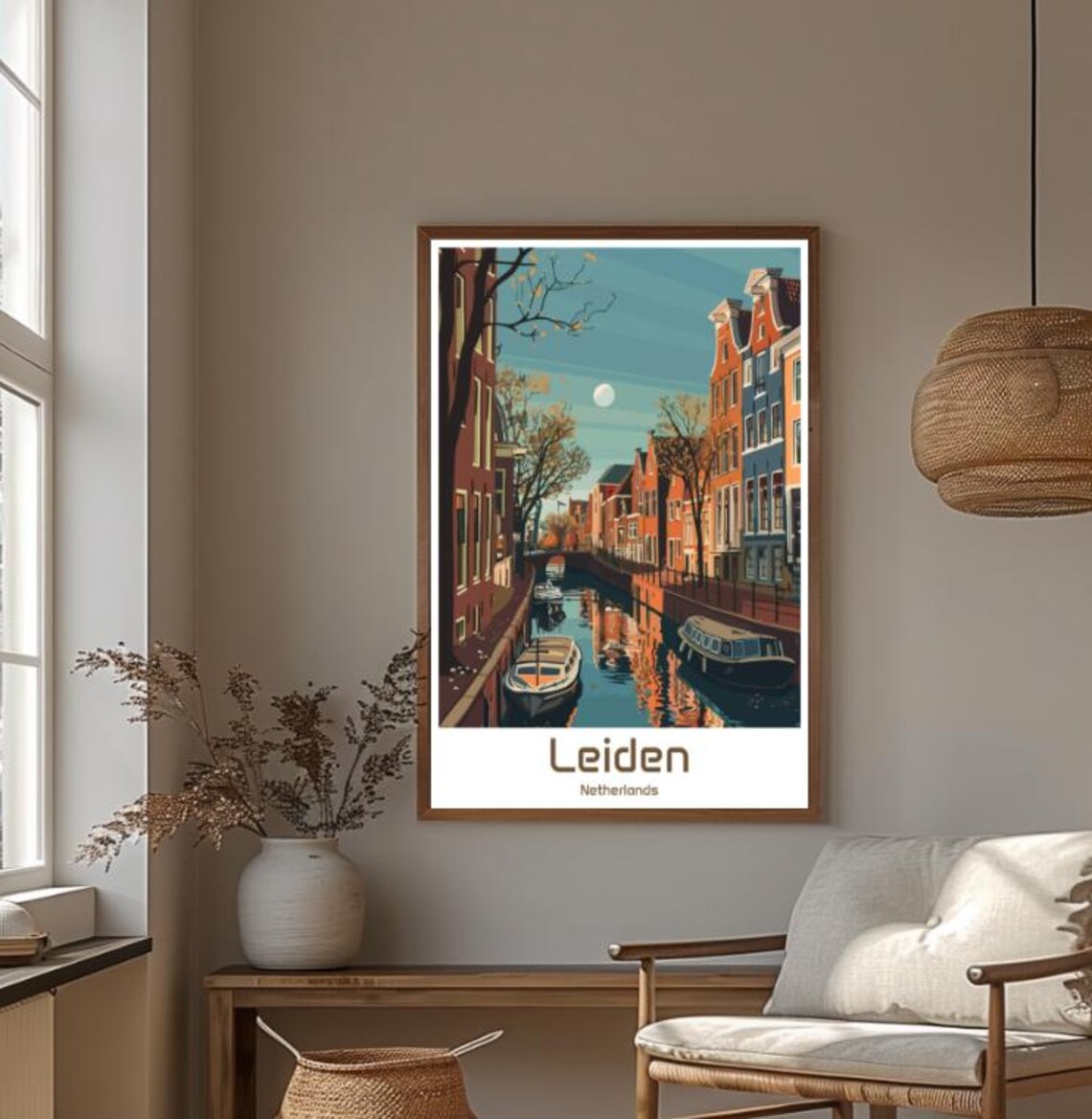 Leiden Netherlands Moonlit Canal Gabled Houses Travel Poster - Image 4