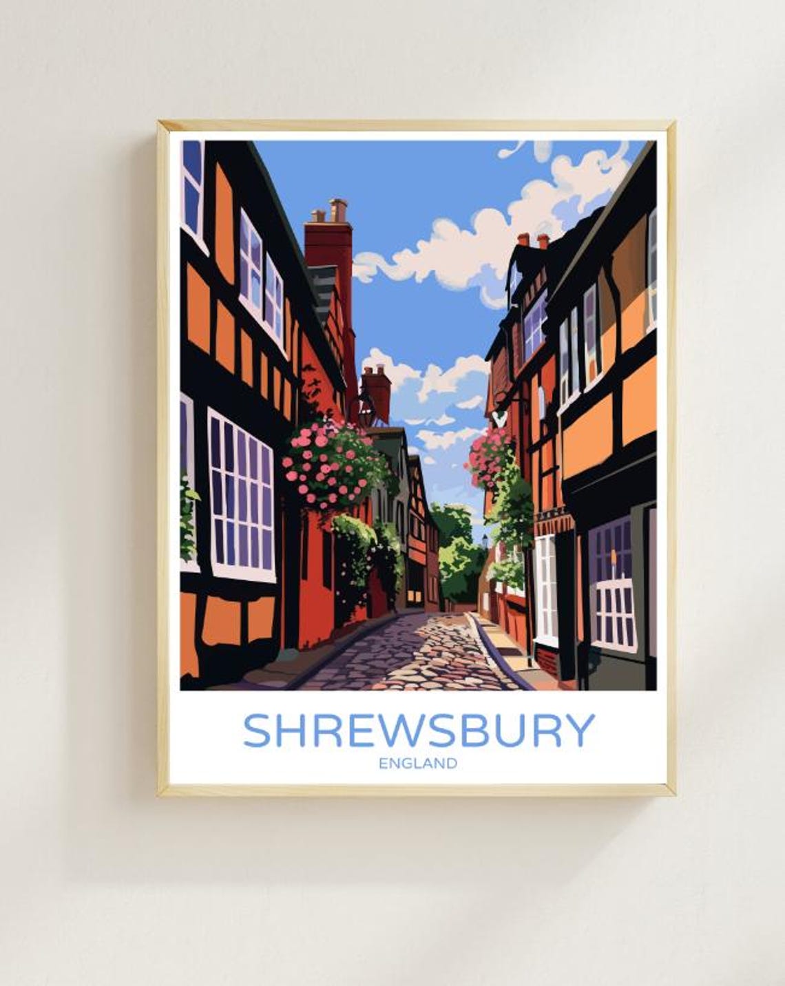 Shrewsbury England Historic Cobbled Street Tudor Travel Poster