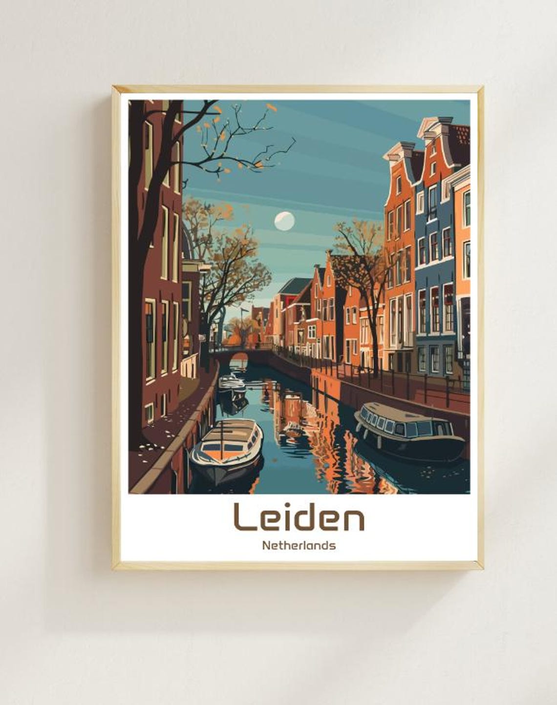 Leiden Netherlands Moonlit Canal Gabled Houses Travel Poster
