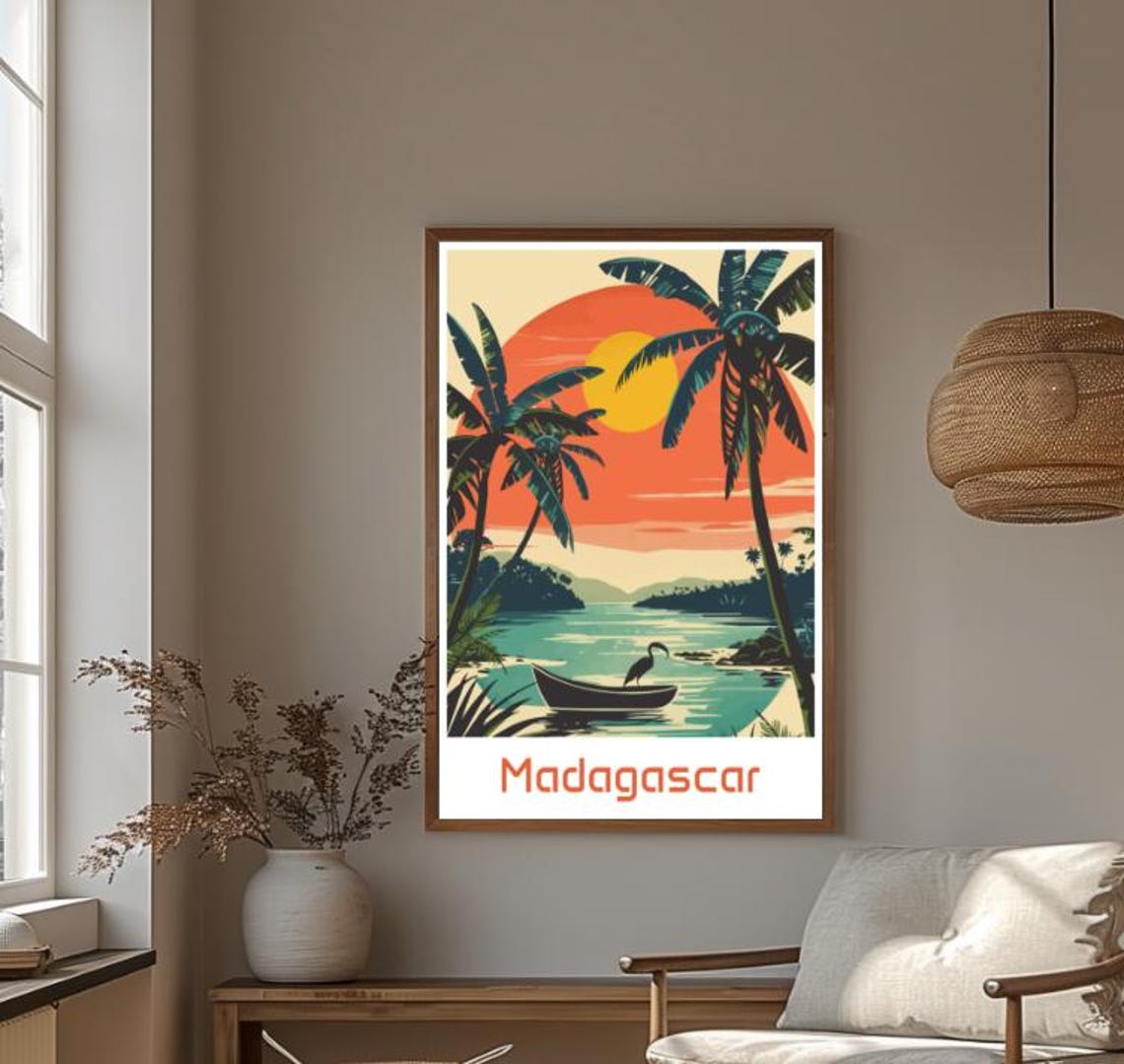 Serene Madagascar Tropical Sunset Beach With Palms And Canoe Print - Image 4