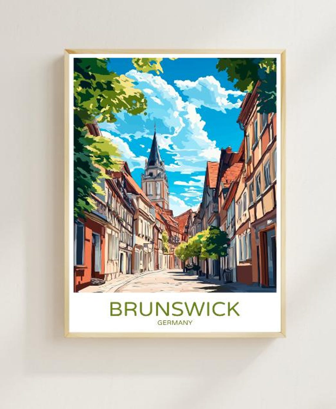 Brunswick Germany Travel Poster with Half-Timbered Streets and Church