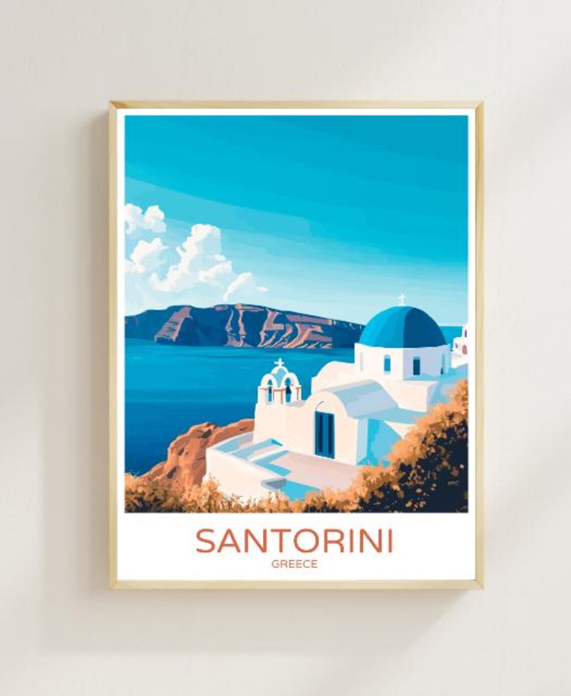 Santorini Greece Travel Poster With White And Blue Domed Church