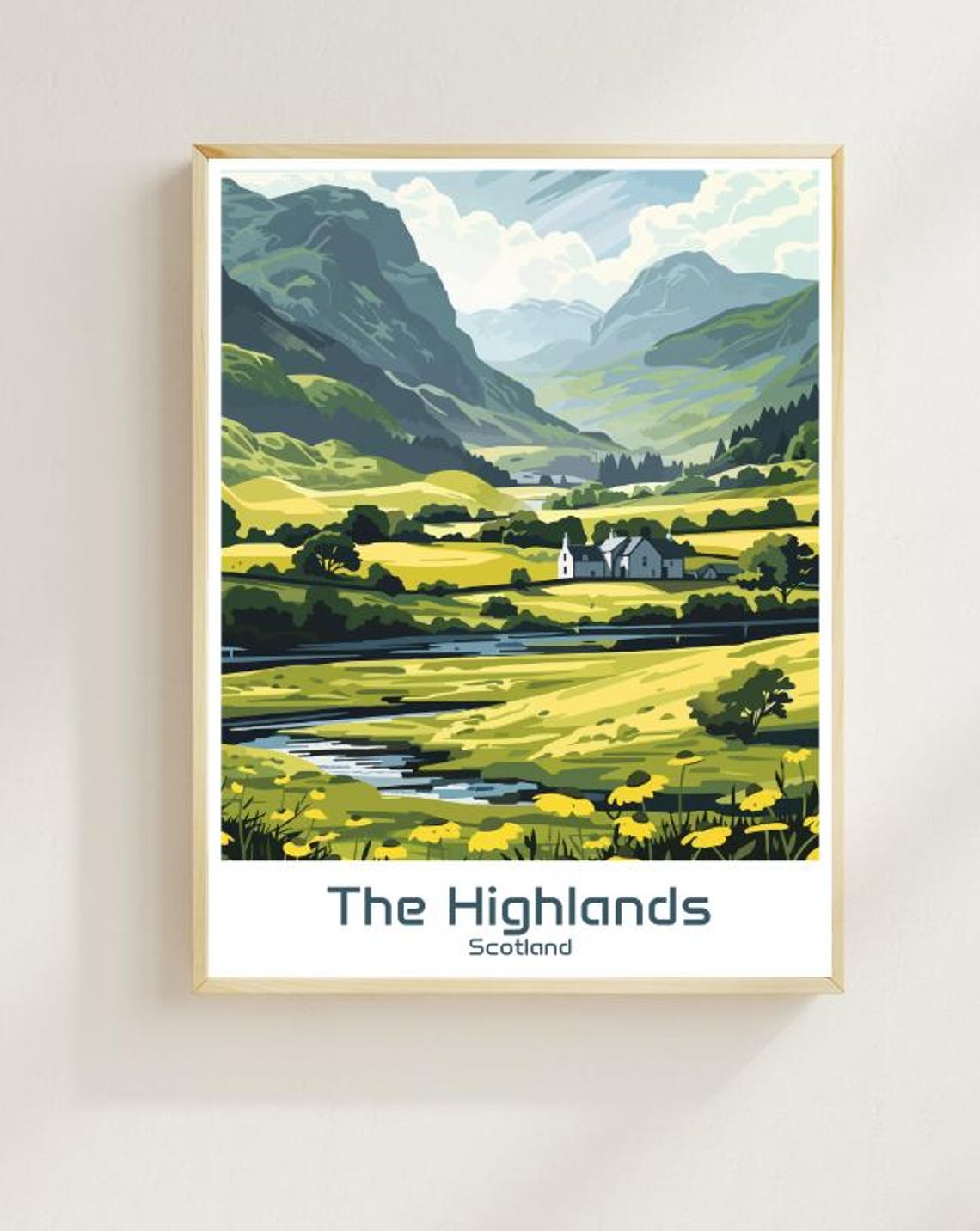 Scottish Highlands Green Valley River and White Cottage Poster