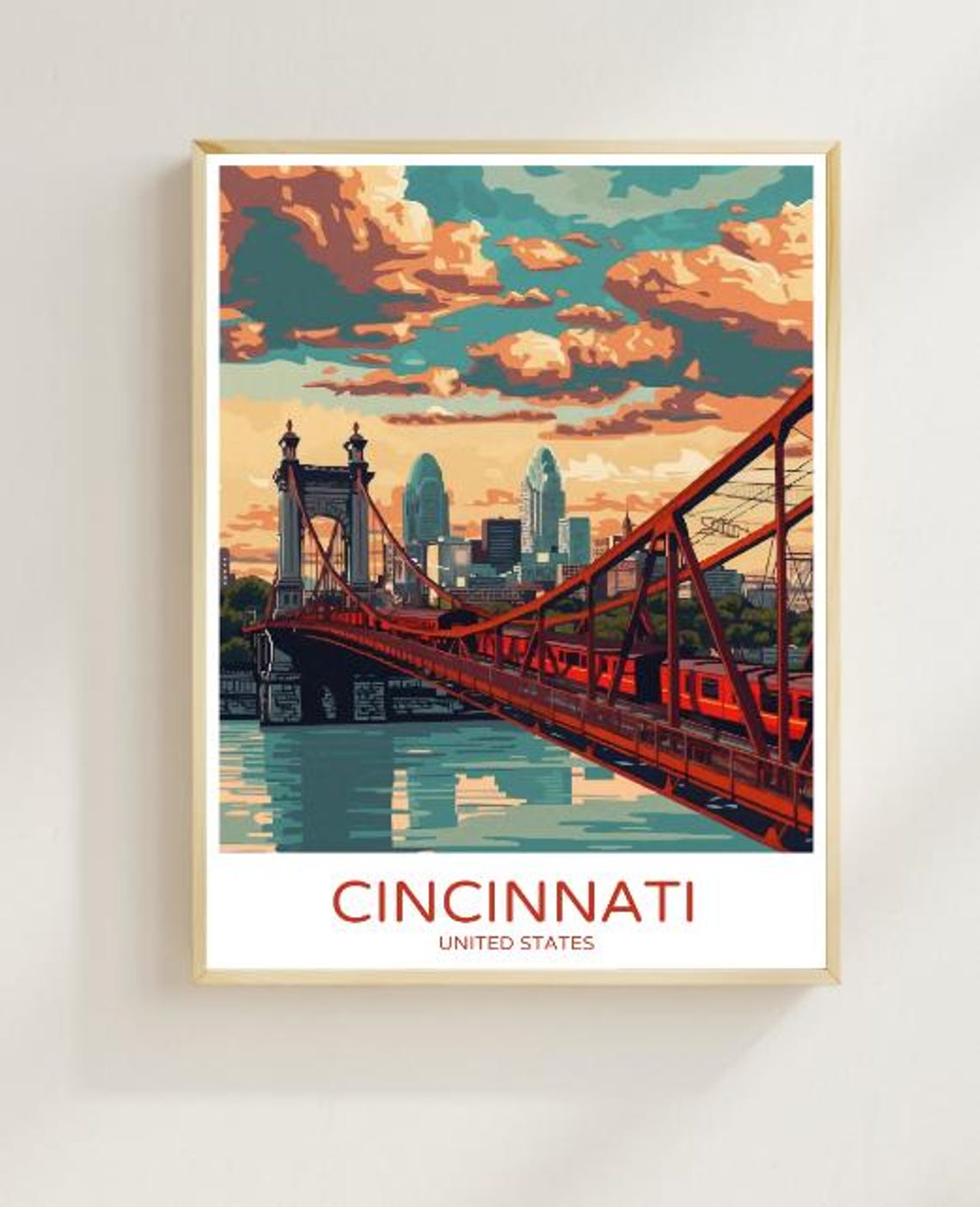 Cincinnati Ohio River Red Bridge Skyline Sunset Travel Poster
