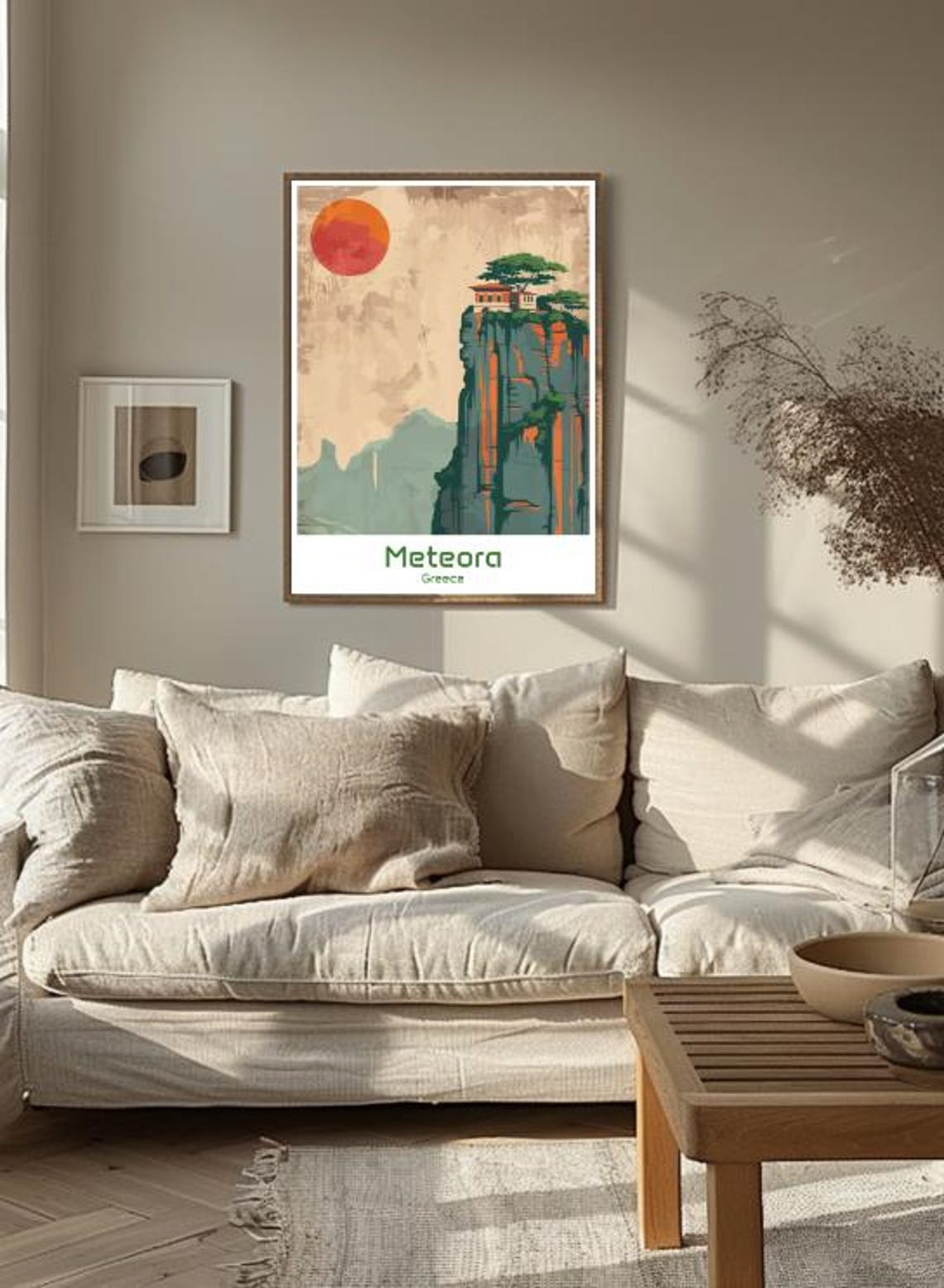 Meteora Greece Cliffside Monastery Red Sun Minimalist Poster - Image 3