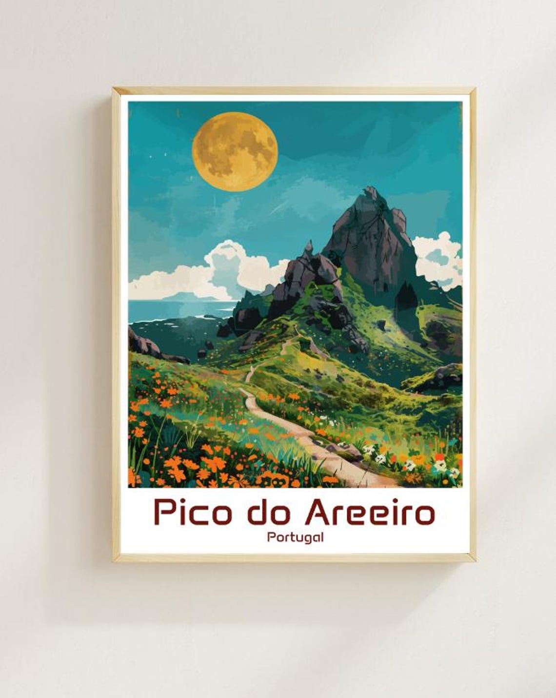 Pico do Areeiro Moonlit Mountain Trail Wildflower Meadow Travel Poster