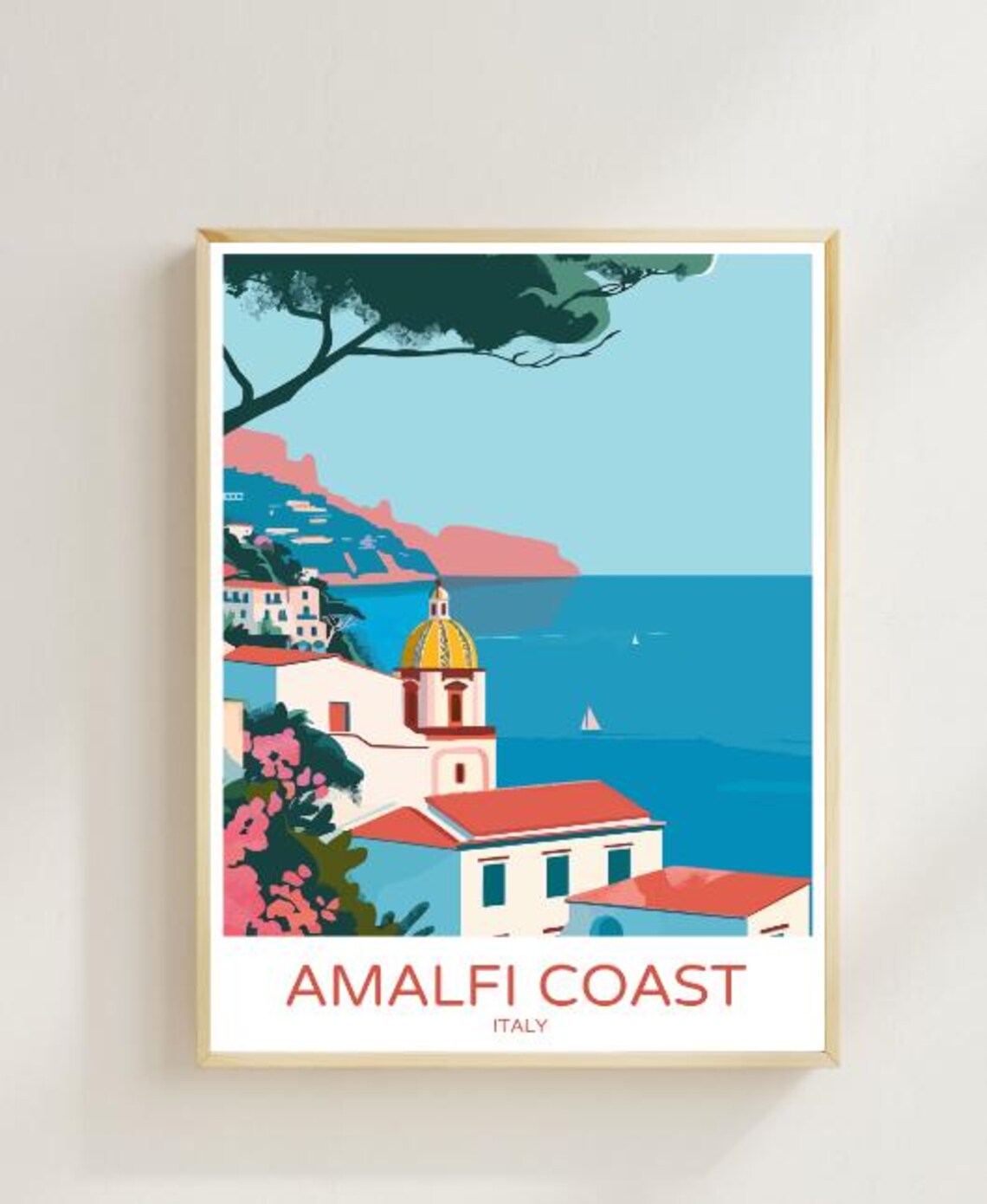 Amalfi Coast Italy Seaside Town Poster With Church Dome Blue Sea