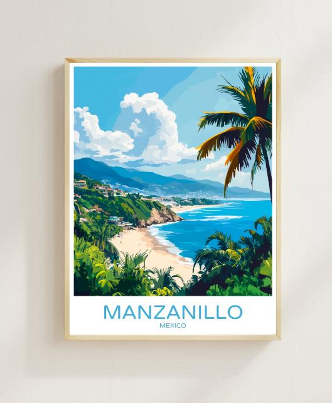 Manzanillo Mexico Tropical Beach Palms Blue Bay Coastline Poster