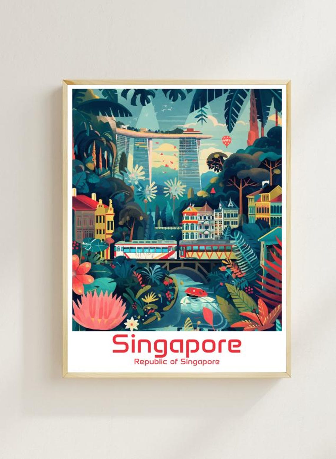 Singapore Marina Bay Sands Jungle Train Tropical Cityscape Poster