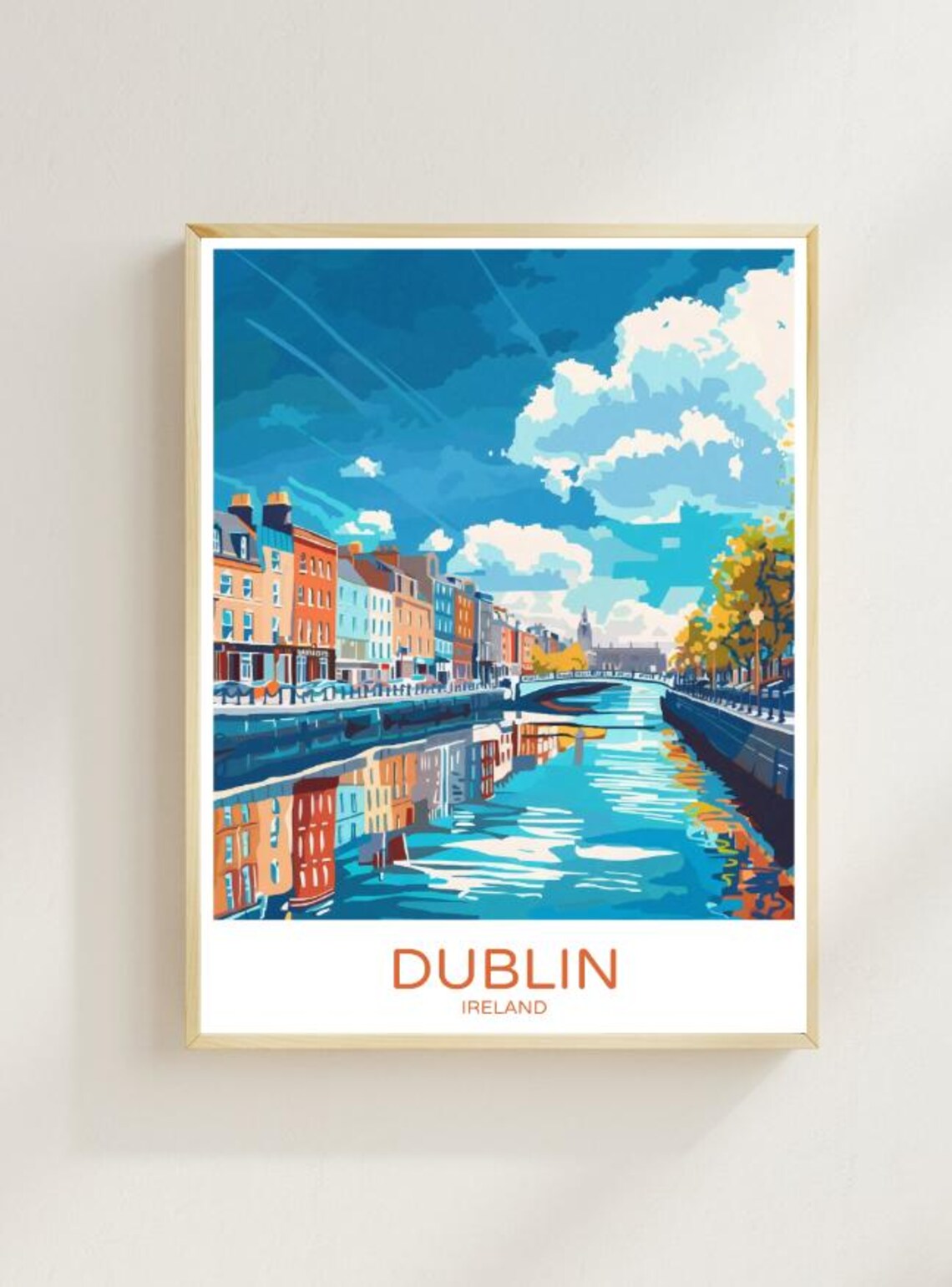 Dublin River Liffey Quays Colorful Illustrated Ireland Travel Poster