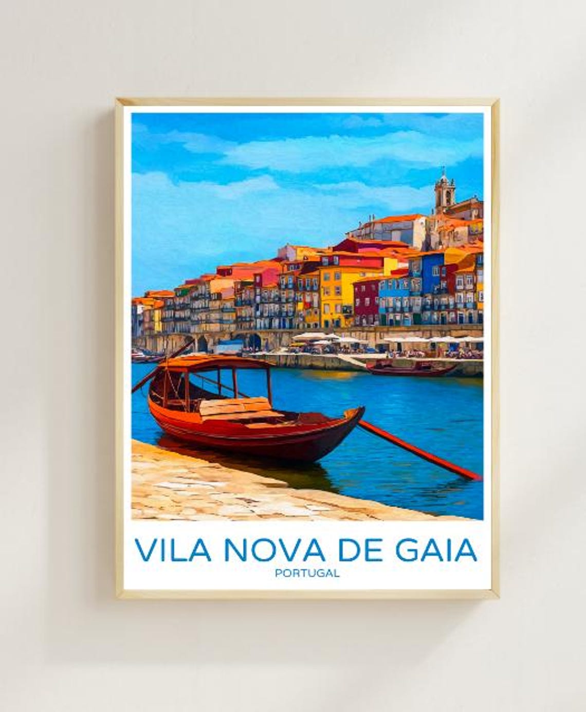 Vila Nova De Gaia Portugal Colorful Riverside Boat Travel Poster