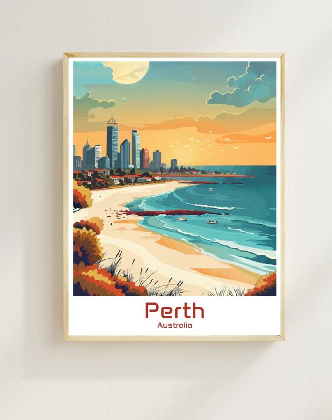 Perth Australia Beach Sunset Skyline Ocean View Travel Poster