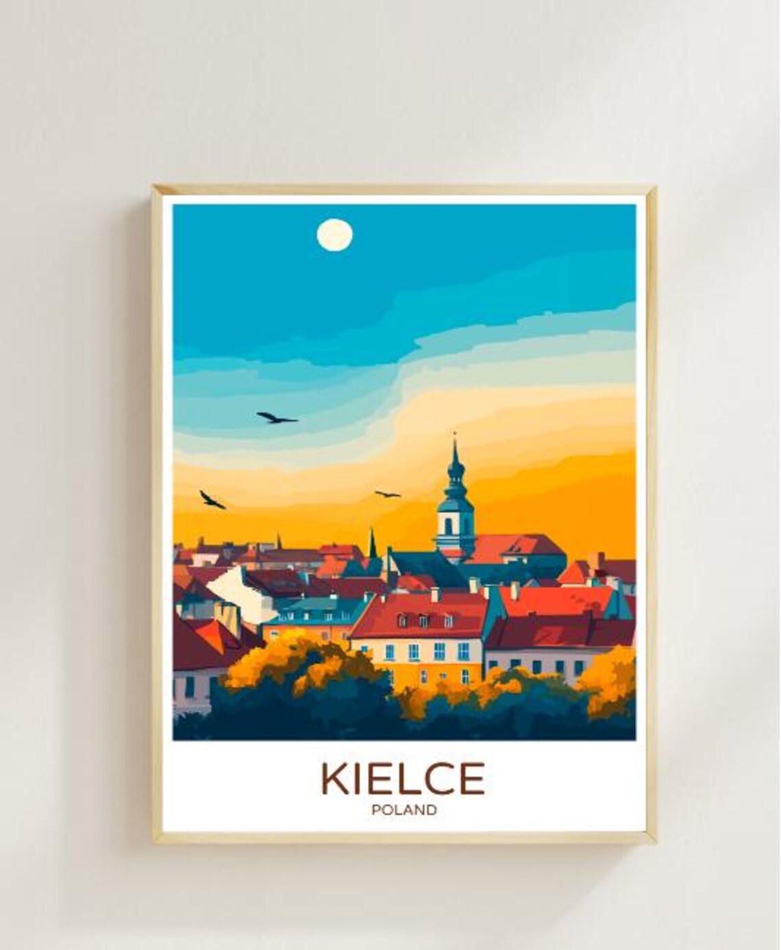 Kielce Poland Sunset Skyline Over Old Town Vintage Travel Poster