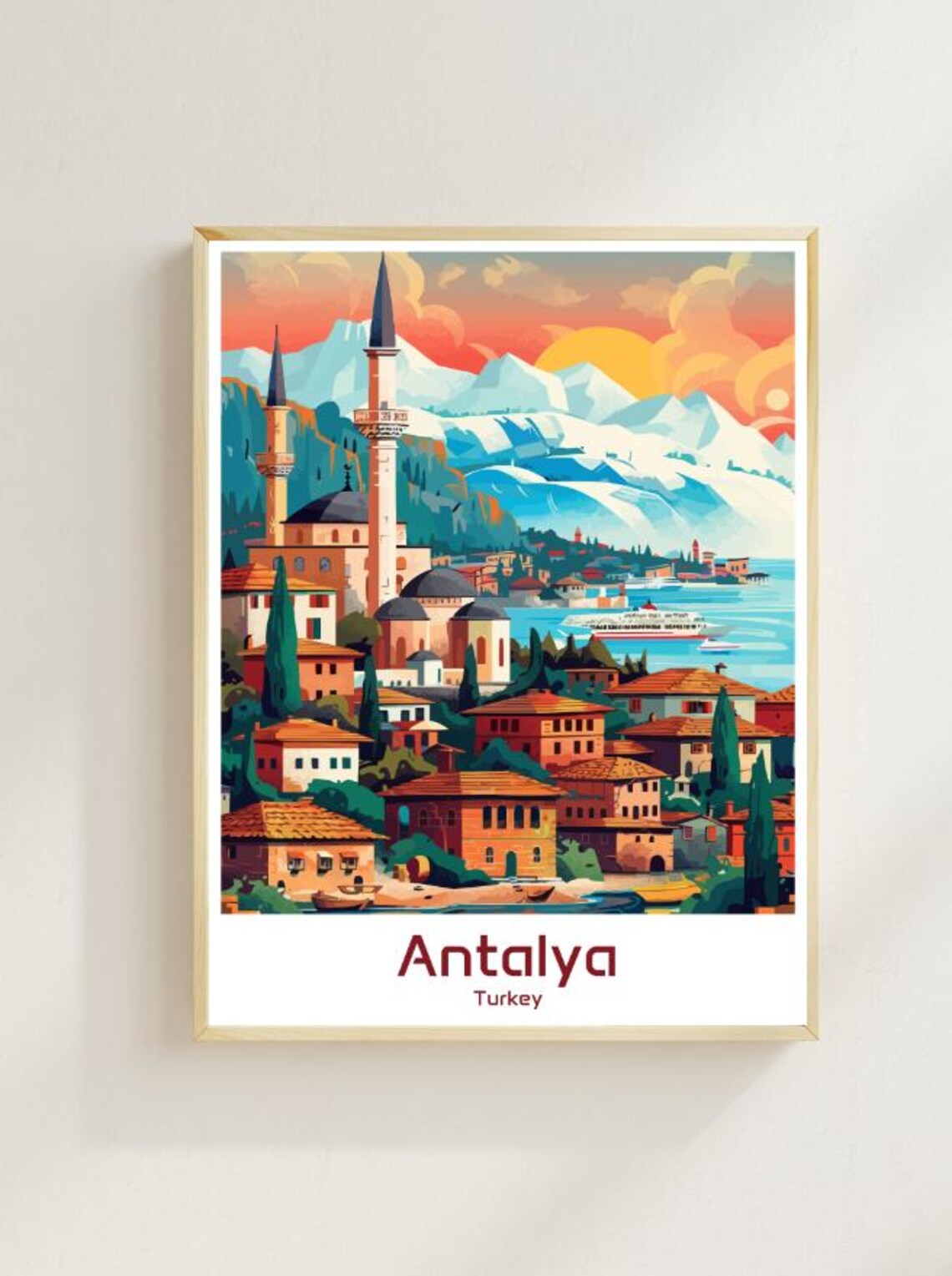 Antalya Turkey Sunset Coastline Mosque Vintage Travel Poster