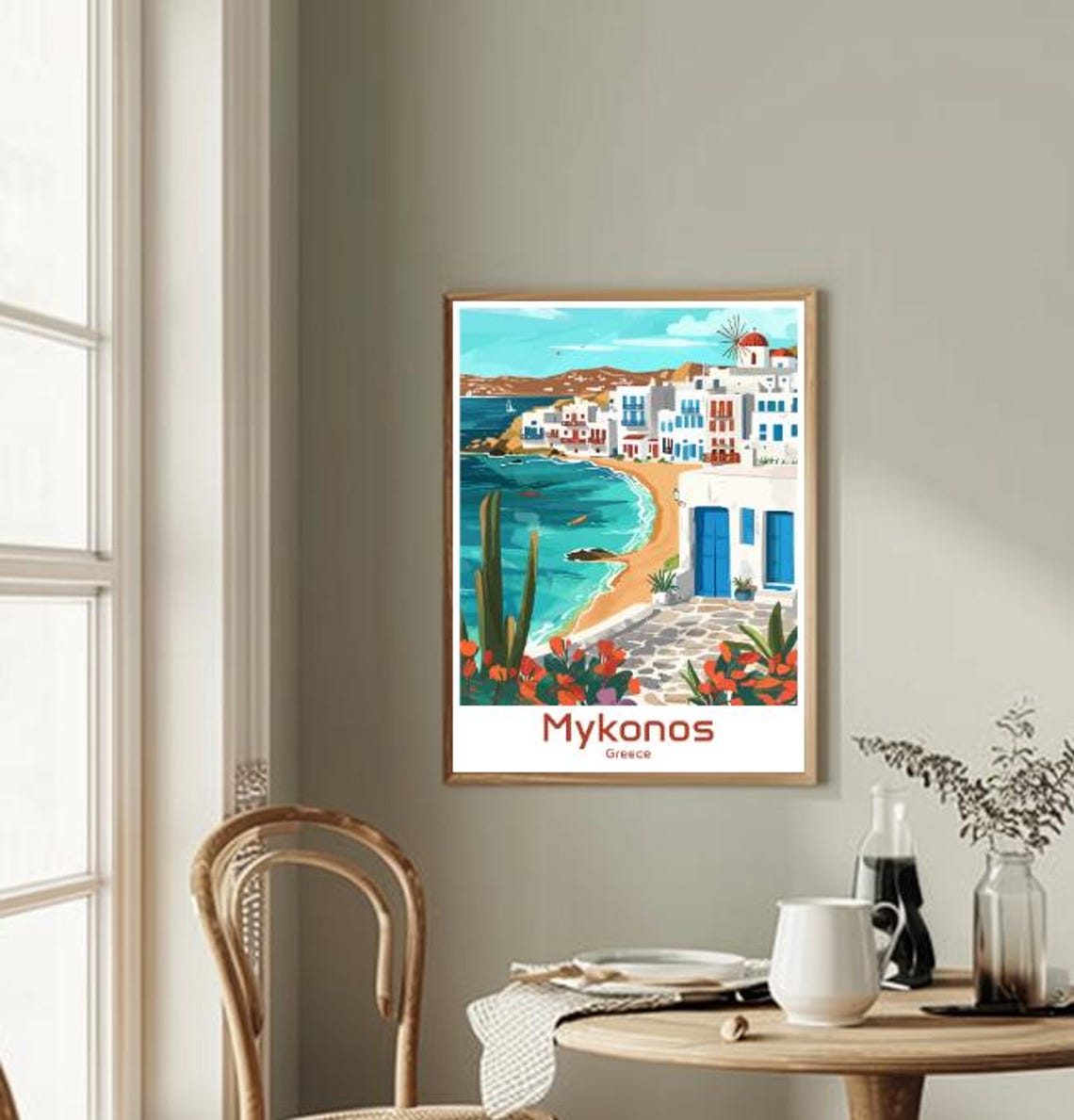 Mykonos Greece Whitewashed Town Windmill Turquoise Beach Poster - Image 2