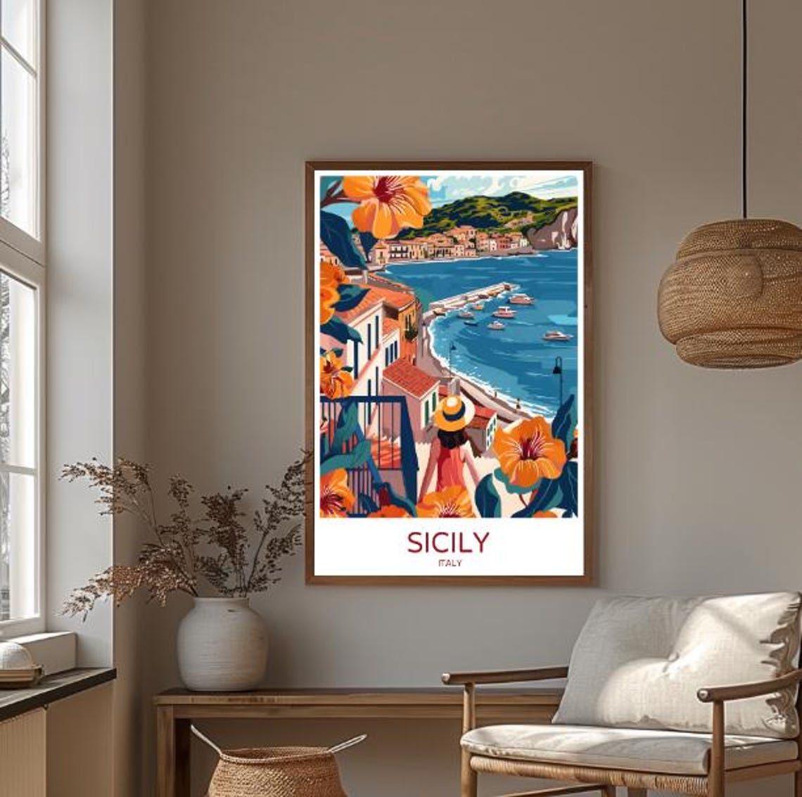 Sicily Italy Travel Poster Coastal Harbor Town Hibiscus Flowers View - Image 4