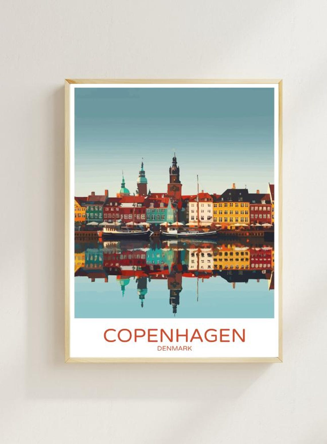 Copenhagen Nyhavn Colorful Harbor Reflection Illustrated Travel Poster