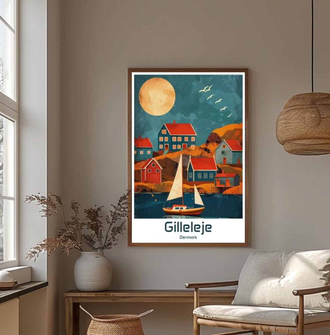 Gilleleje Denmark Moonlit Fishing Village Sailboat Night Poster - Image 4