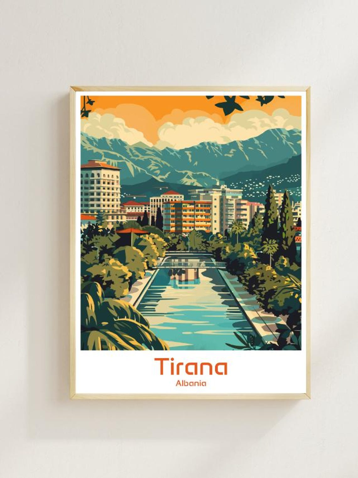 Tirana Albania City Skyline Mountains River Sunset Urban Poster