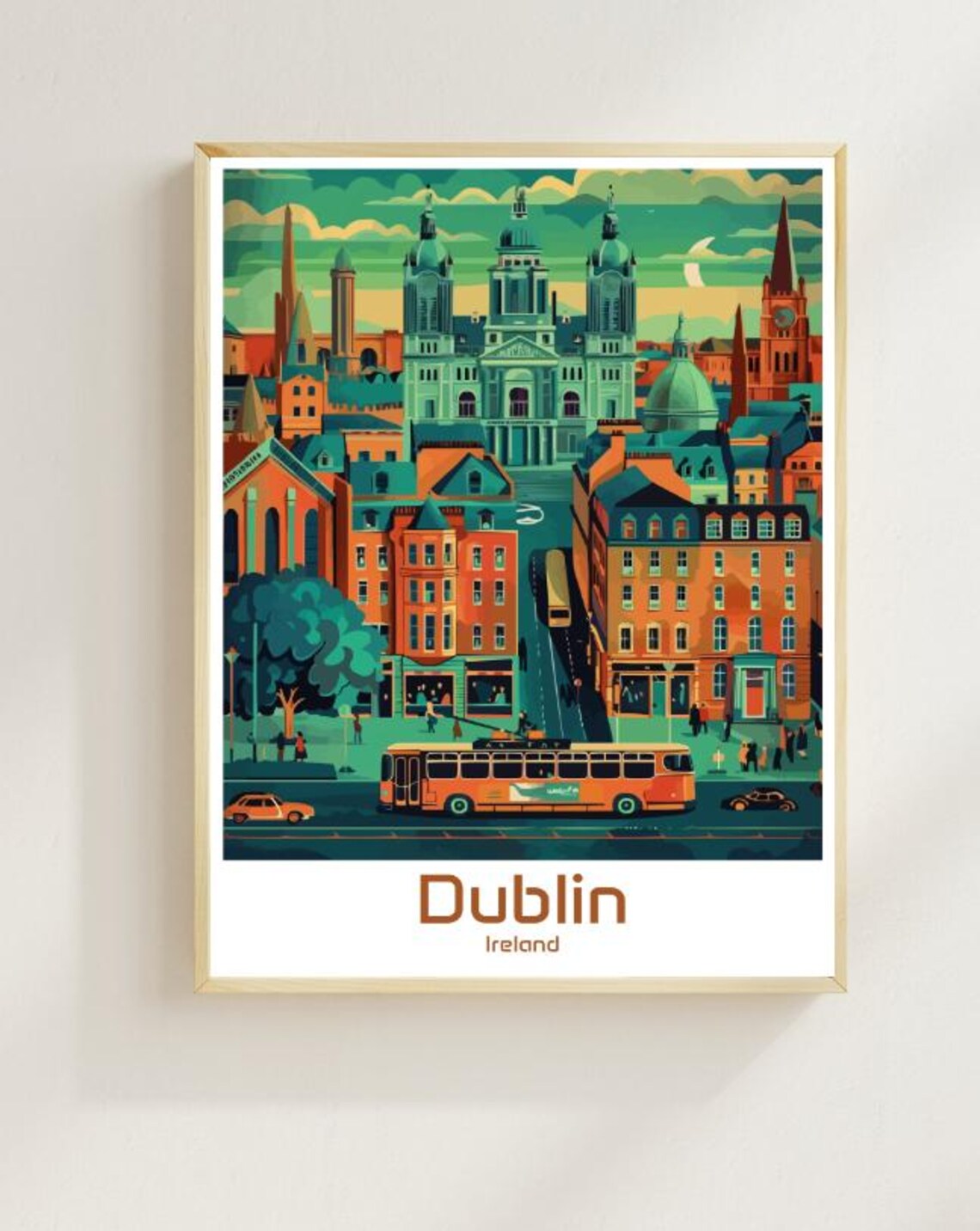 Dublin Ireland Historic City Streets with Bus Vintage Travel Poster