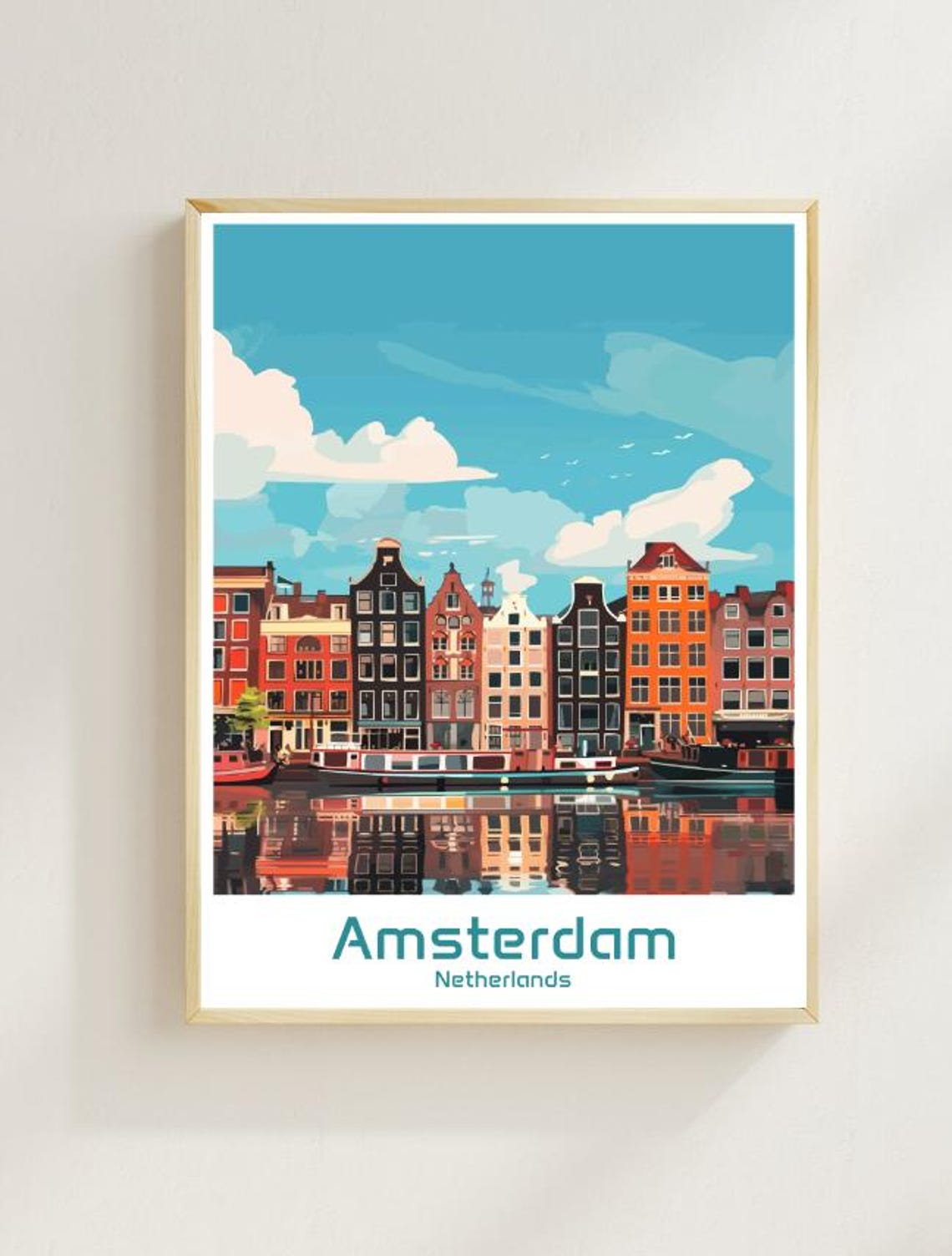 Amsterdam Netherlands Canal Houses Reflection Vintage Travel Poster