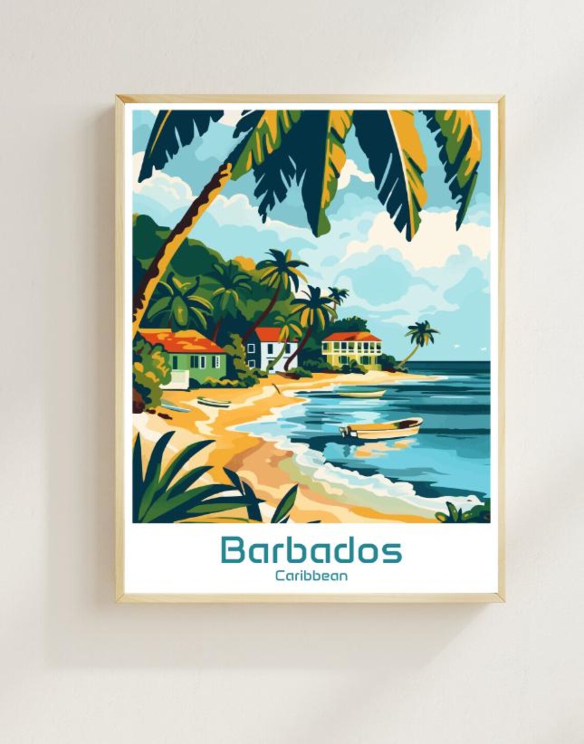 Barbados Caribbean Tropical Beach Palms and Boats Travel Poster