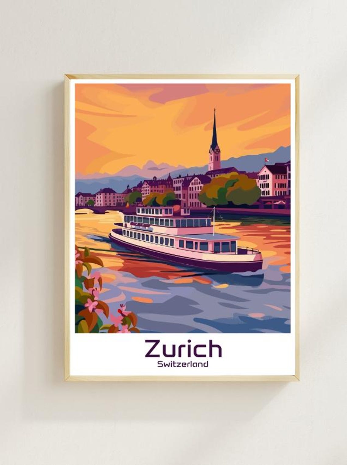Zurich Switzerland Travel Poster Modern Cityscape Wall Art With Lake Zurich Old Town View Swiss Travel Print European Decor