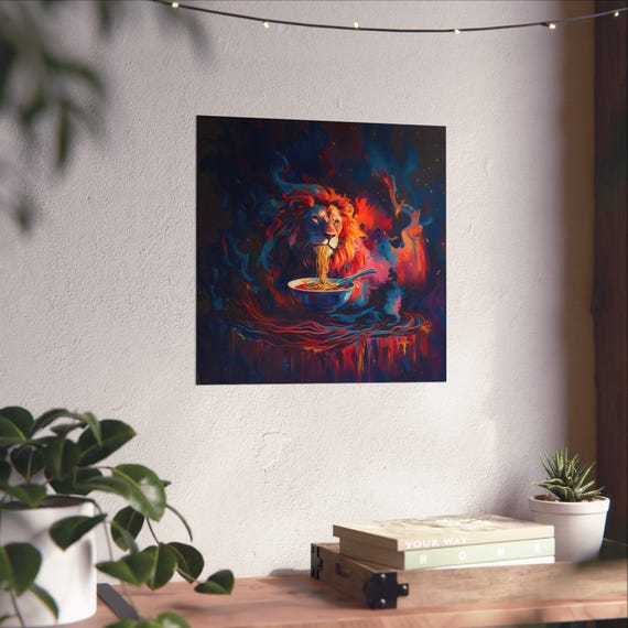 Maximalist Eclectic Ramen Lion Poster Print Bold Altered Animal Portrait Fantasy Fun Colorful Renaissance Rustic Art