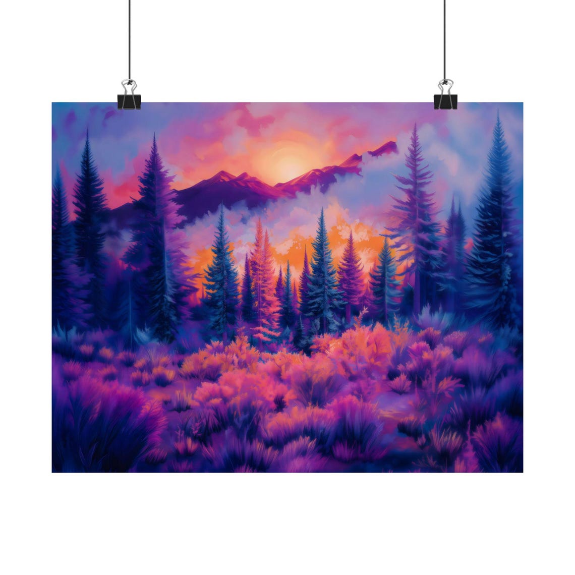 Purple Pine Forest Under Pink Sunset Over Mountain Peaks Poster