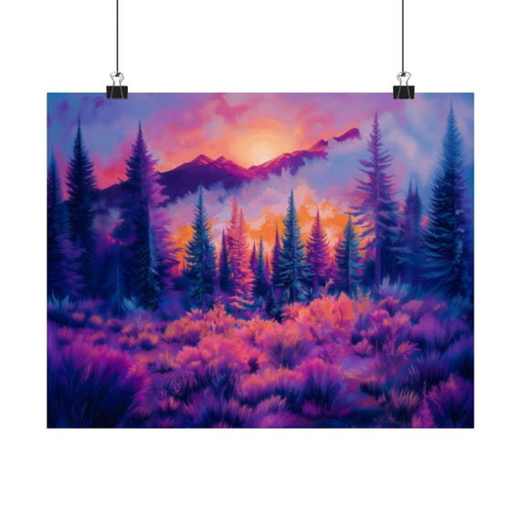 Purple Trees Mountain Forest Poster Print Landscape Modern Painting Nature Calm Relaxing Wall Print Airbnb Art Wall Decor