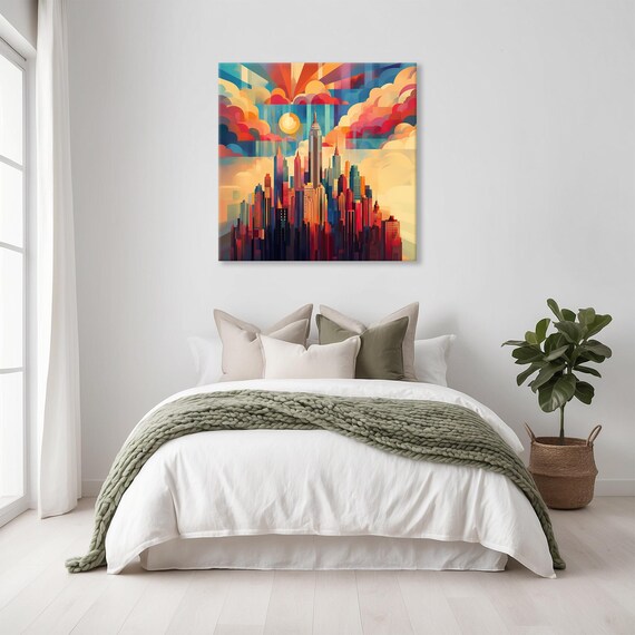 Art Deco Cityscape Print Geometric Landscape Modern Painting Fantasy Nature Rustic Bright Wall Print Airbnb Art Wall Decor