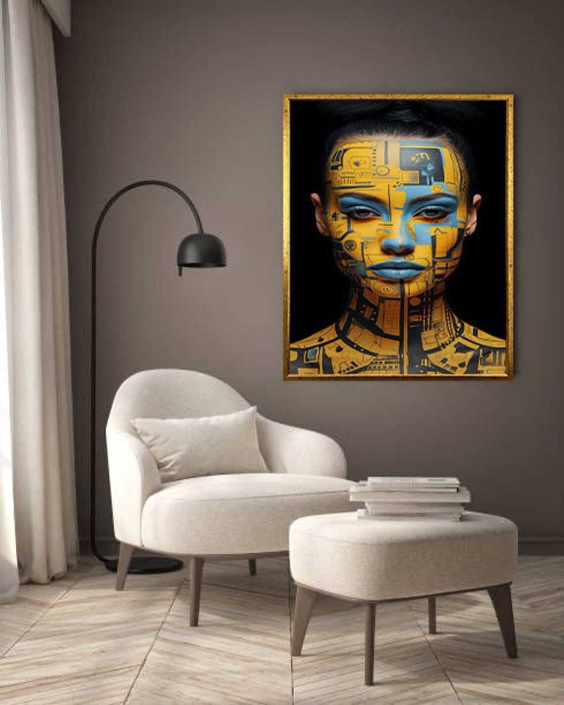Gold and Blue Cyborg Woman Futuristic Robot Portrait Art Poster - Image 3
