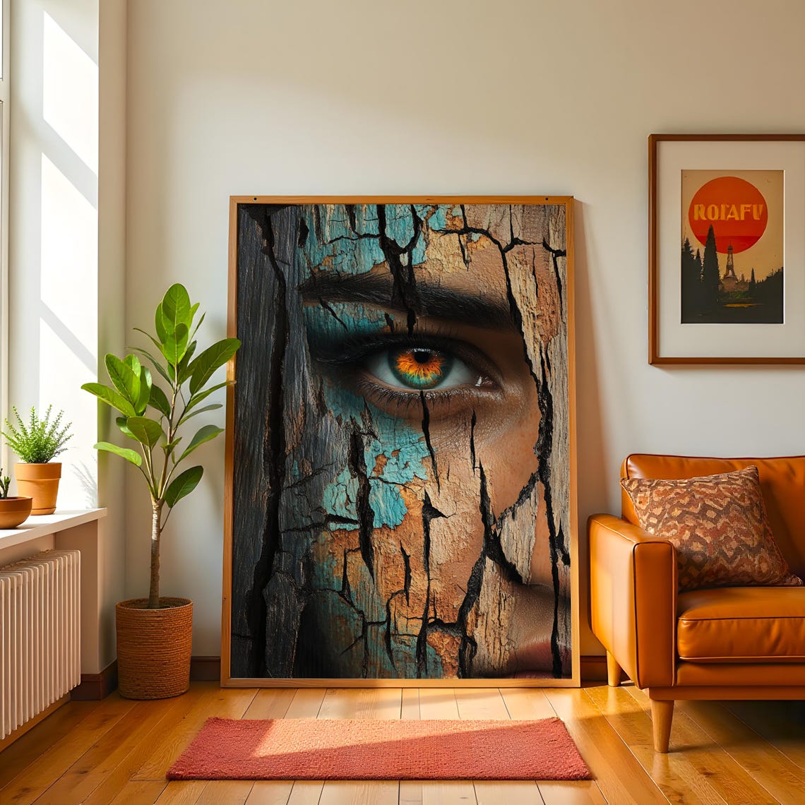 Surreal Human Eye Emerging from Cracked Wood Texture Art Poster