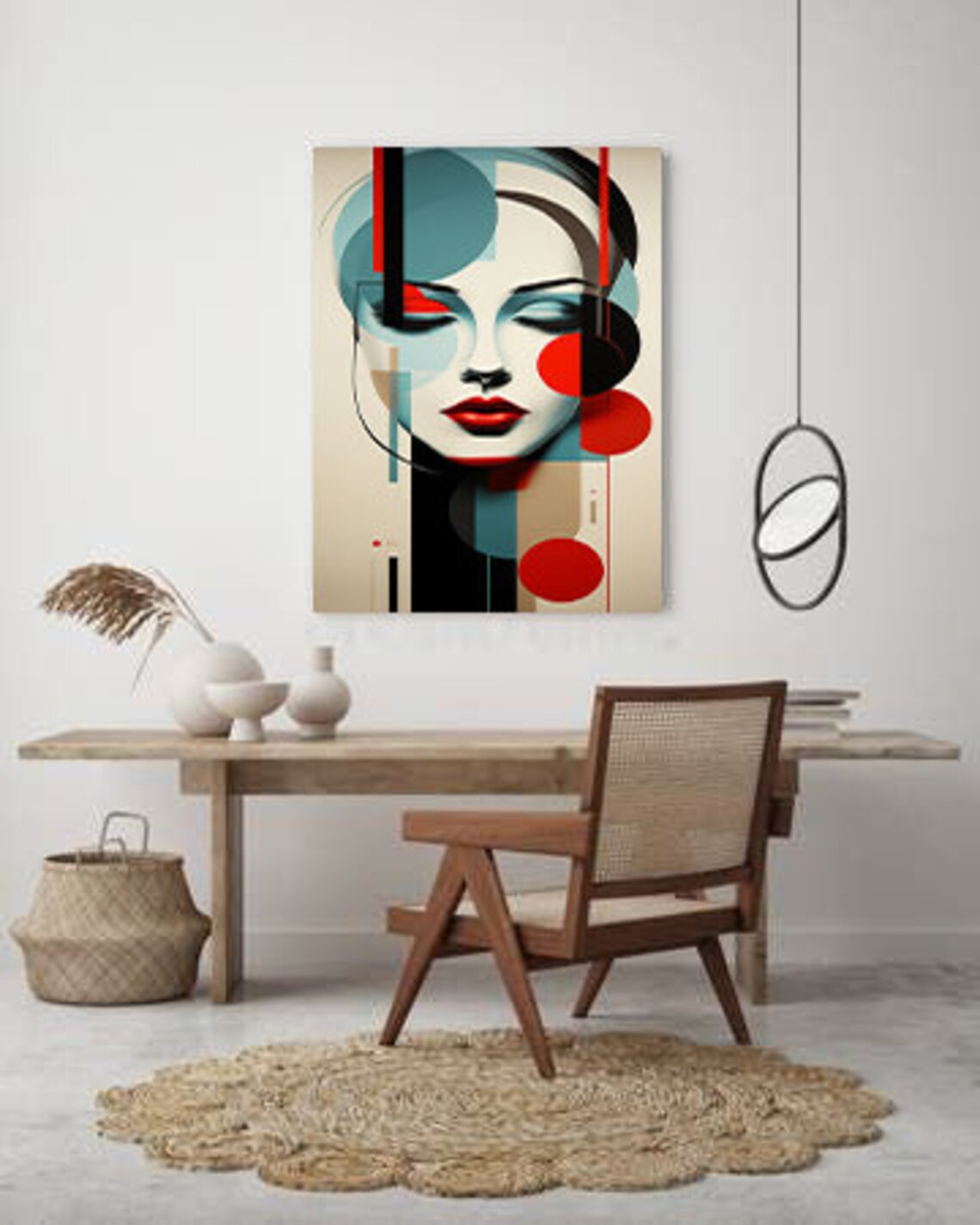 Geometric Art Deco Woman Face Red Teal Circles Modern Art Poster - Image 3