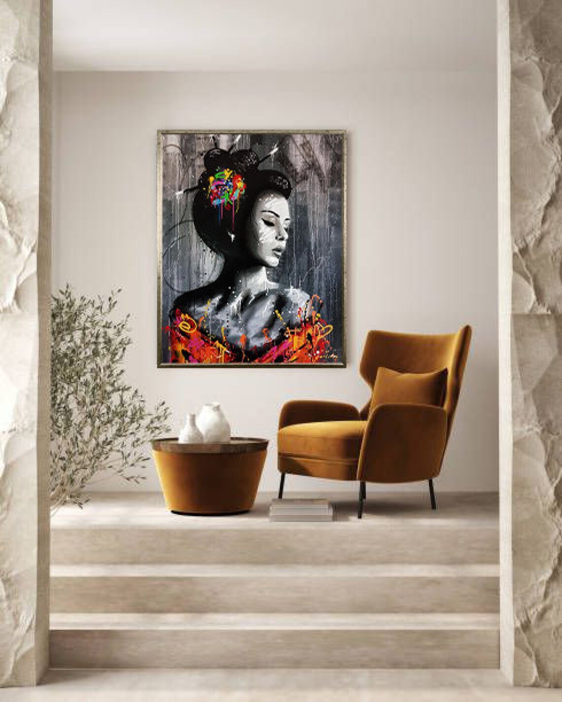 Geisha Portrait with Colorful Paint Splash Modern Japanese Poster - Image 3