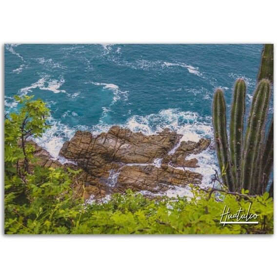 Huatulco Mexico Rocky Coastline Turquoise Ocean Waves Travel Poster