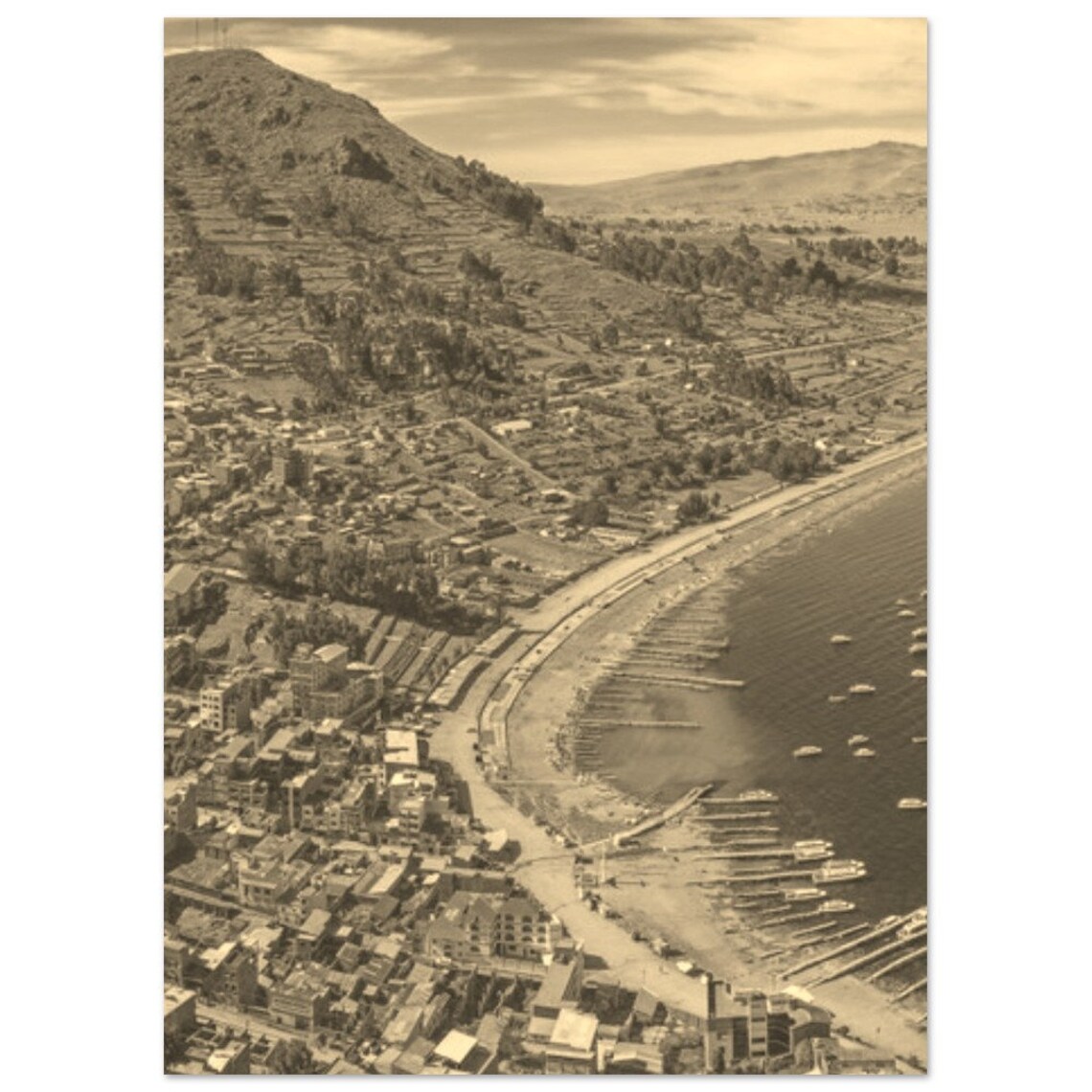 Vintage Sepia Aerial Coastal Town Bay Boats Photography Poster