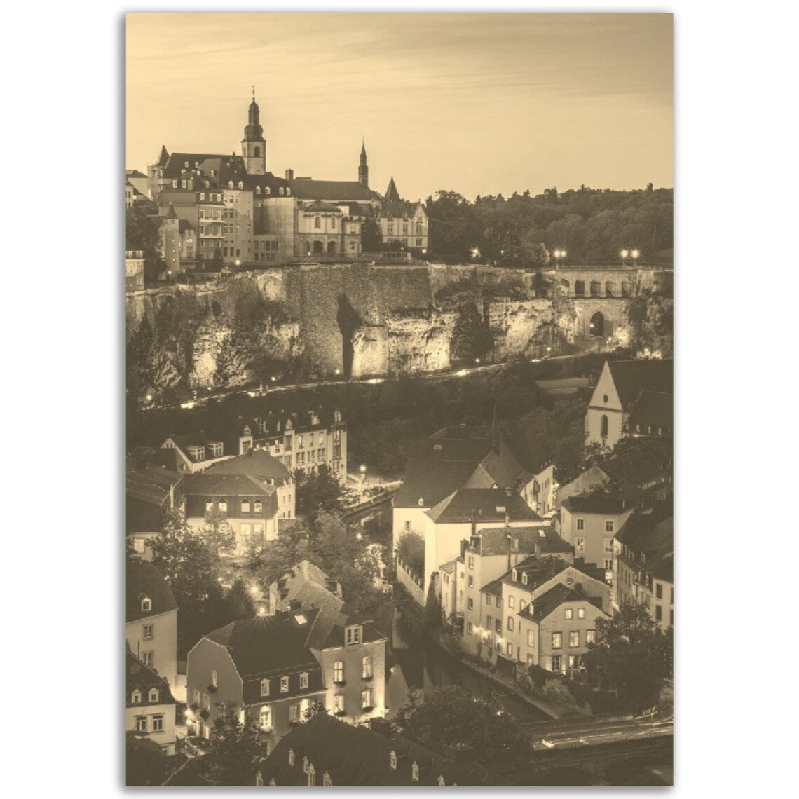 Luxembourg City Old Town Cliffs Dusk Vintage Sepia Travel Poster