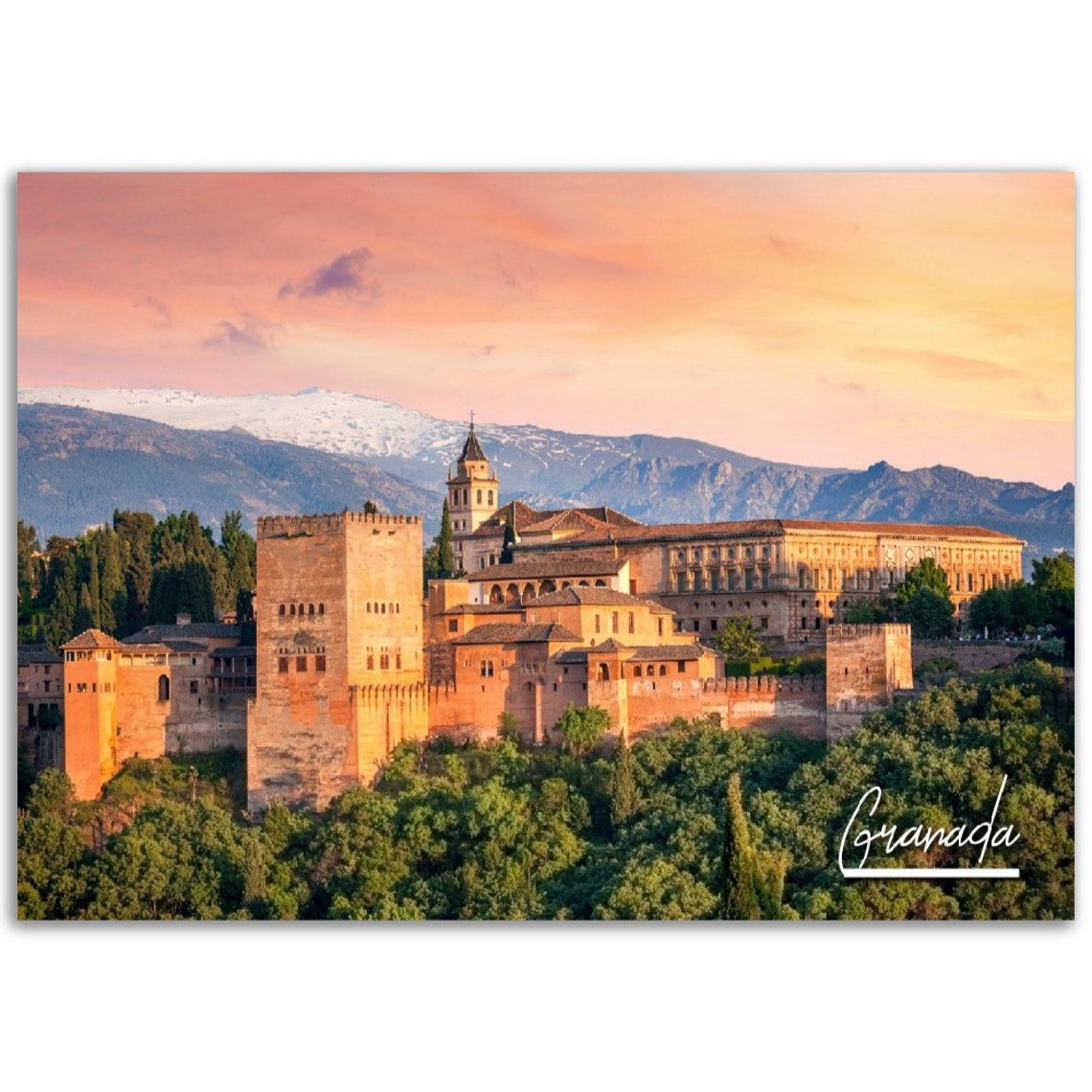 Granada Spain Alhambra Palace Sunset Mountain View Travel Poster
