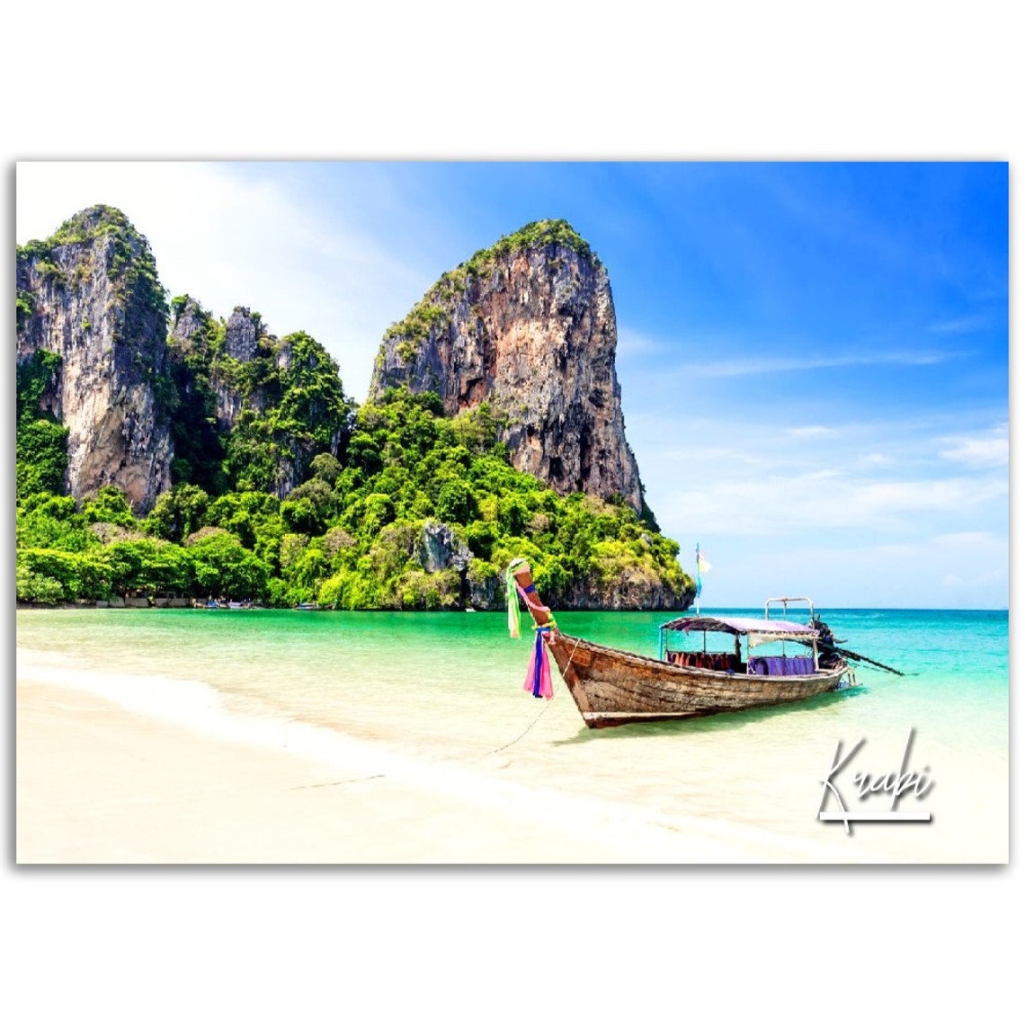 Krabi Thailand Longtail Boat Limestone Cliffs Tropical Beach Poster