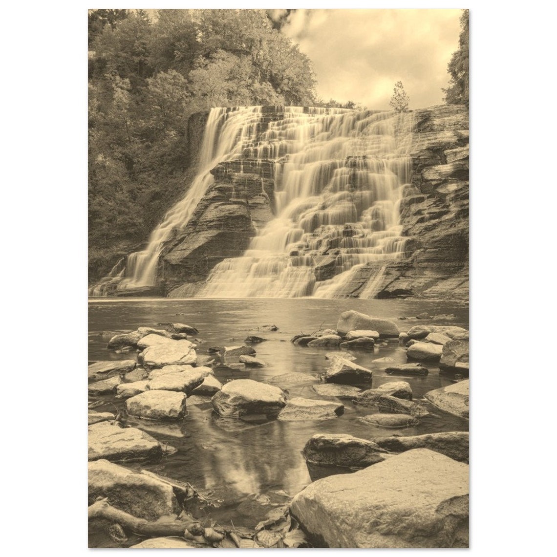 Ithaca New York Waterfall Tiered Falls Sepia Vintage Travel Poster