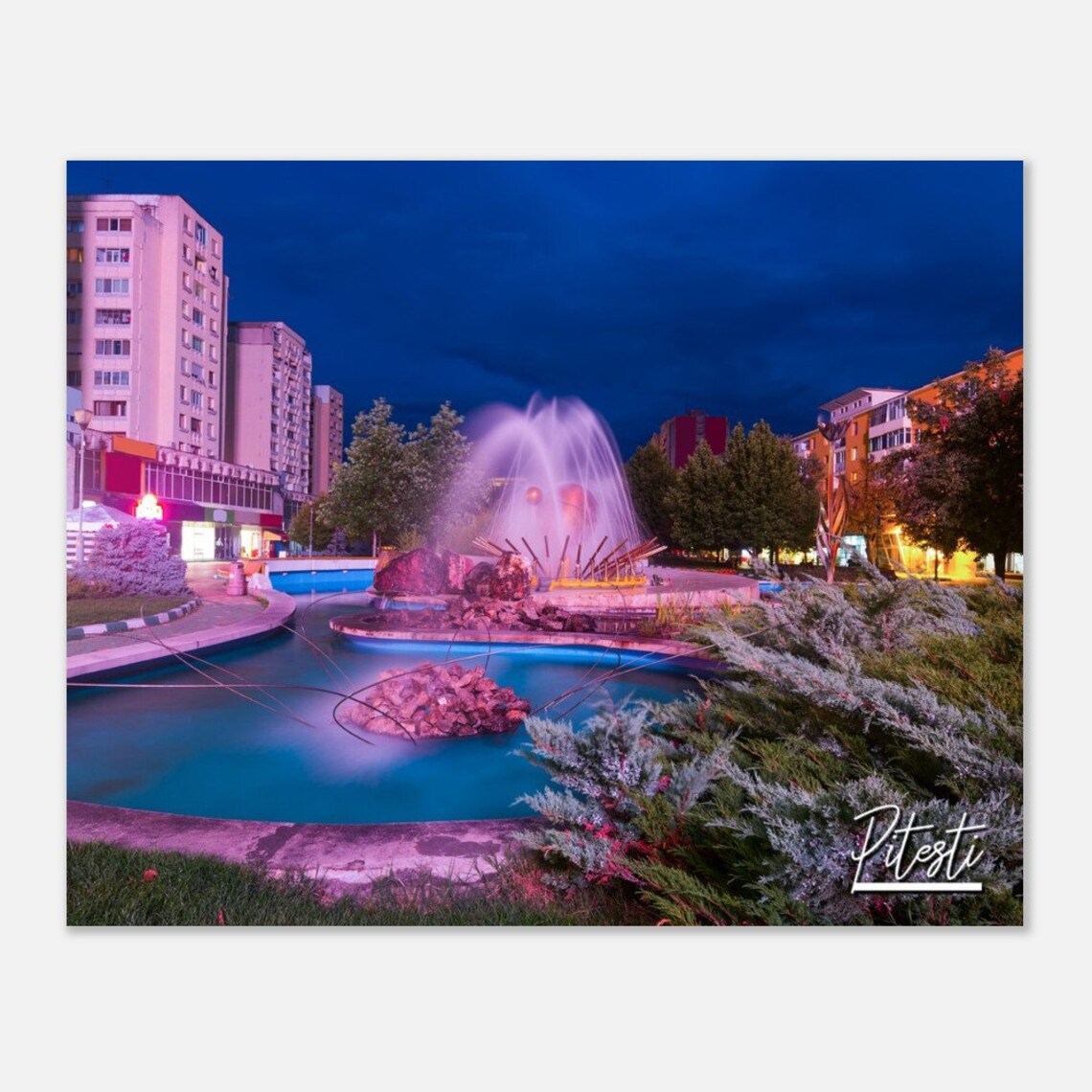 Pitesti Romania Night Fountain Illuminated City Park Scene Poster