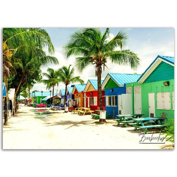 Barbados Colorful Beach Huts Palm Trees Sandy Shore Travel Poster