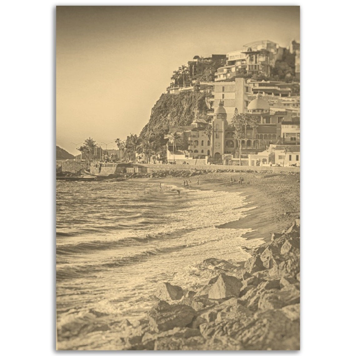 Mazatlan Mexico Vintage Sepia Beach Cliff Coast Town Photo Poster