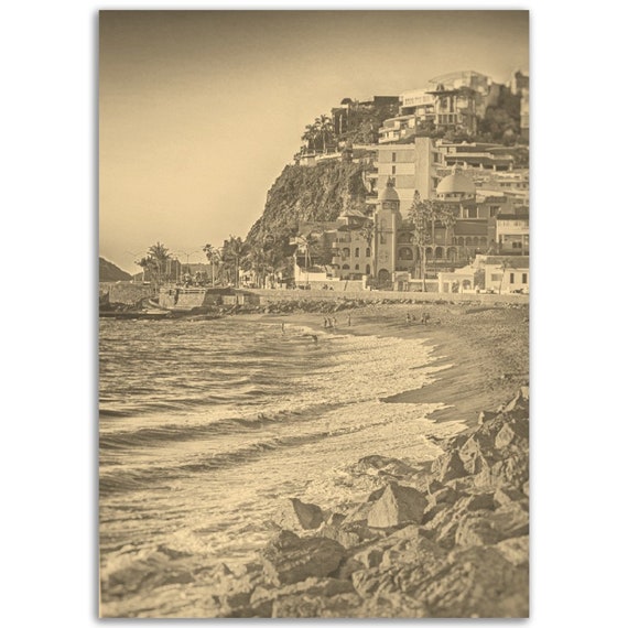 Vintage Mazatlan Mexico Poster Sepia Beach Photo Print